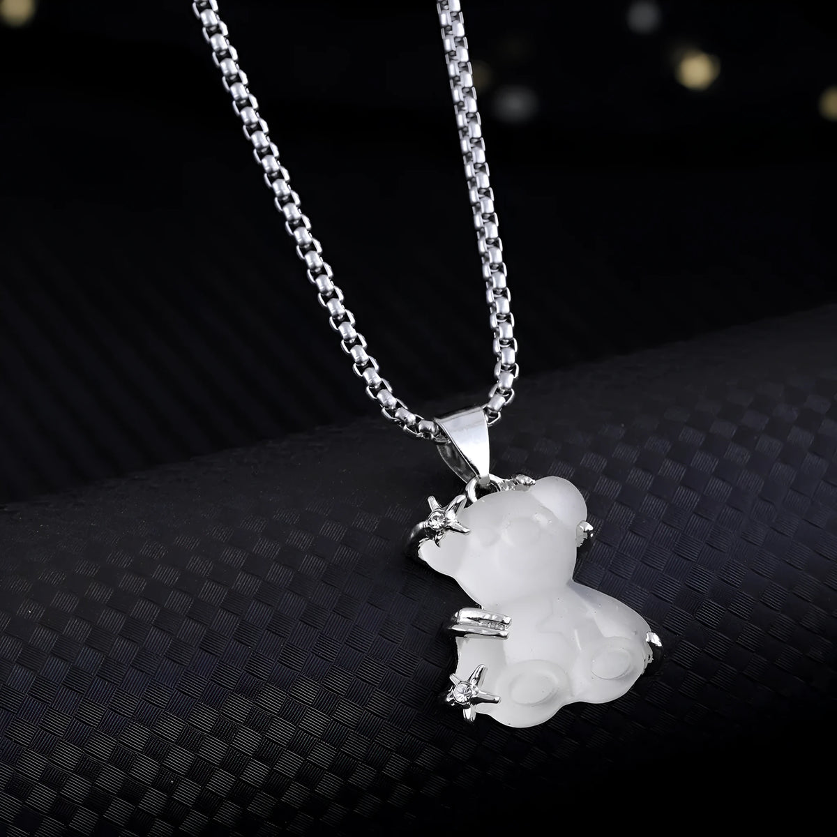 Little bear pendant necklace with white K-colour alloy charm and titanium steel lock chain for casual wear