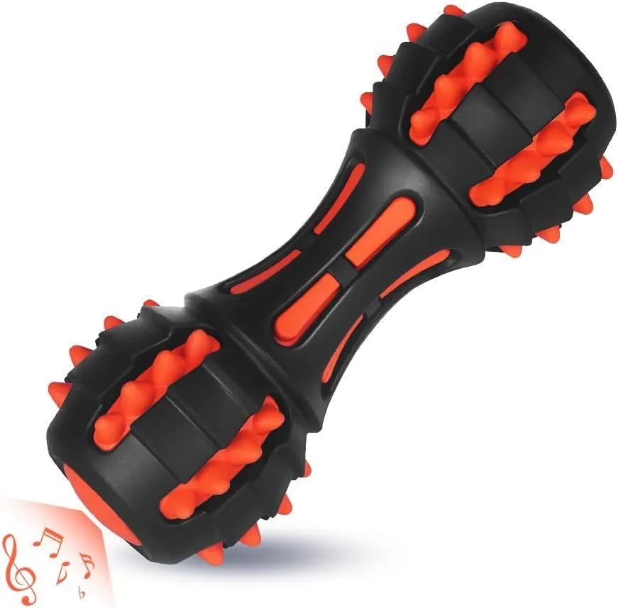 Red dumbbell-shaped dog chew toy with natural rubber construction and squeaky function