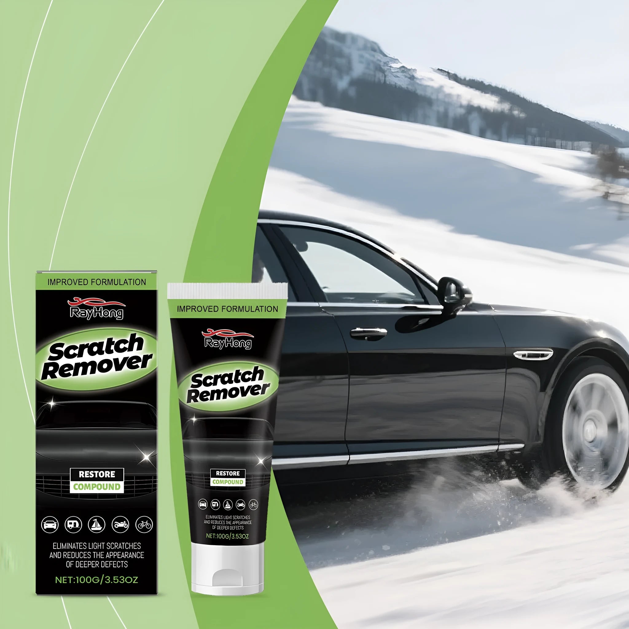 Car scratch recovery cream tube measuring 3.8cm diameter by 16.3cm length with 100g nano coating formula