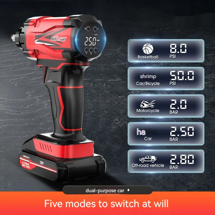 Red and black portable car air pump with digital display, 12V cable, and multiple nozzle attachments