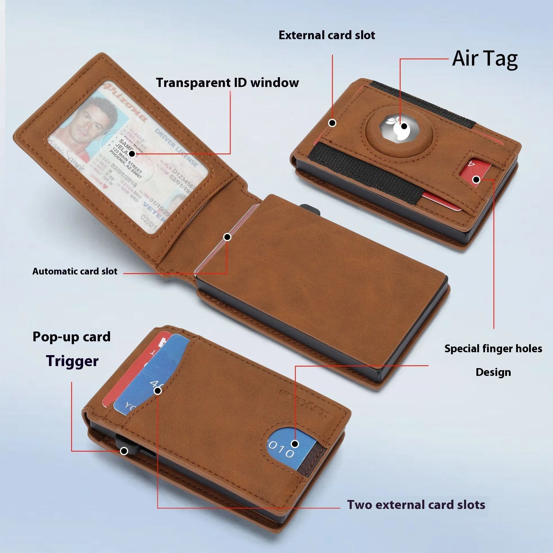 Men's synthetic leather card holder wallet with RFID blocking in light brown, dark brown, and black colours