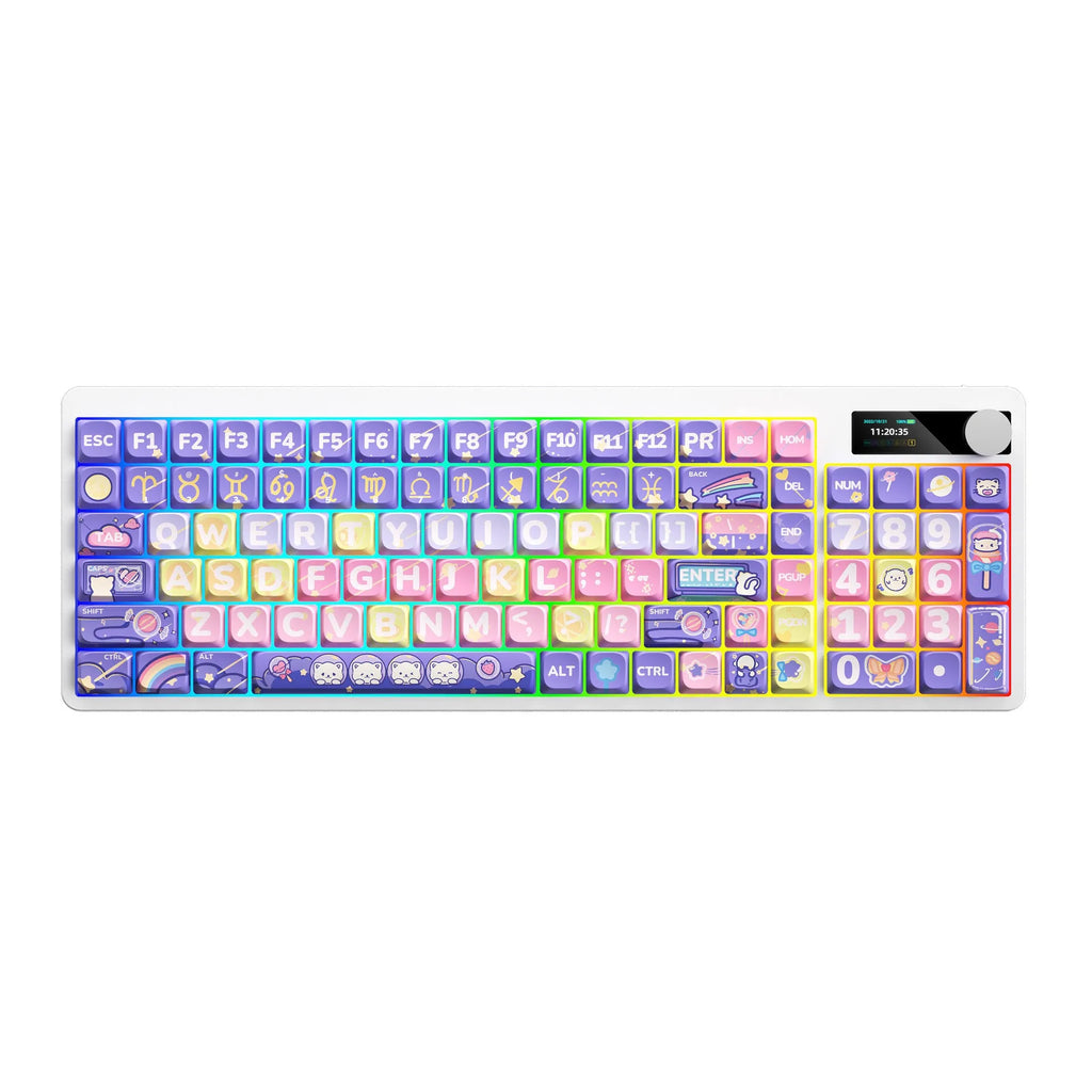 Black mechanical keyboard with RGB backlighting on keys, shown with a USB cable.