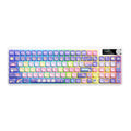 Black mechanical keyboard with RGB backlighting on keys, shown with a USB cable.