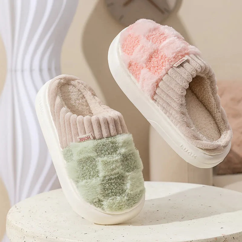 Women's plaid pattern plush indoor slippers with coral velvet upper and grey non-slip PVC sole