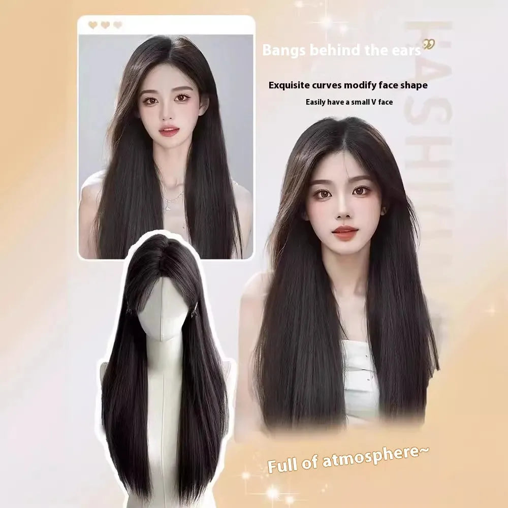 Black long straight synthetic wig with forehead lace and side bangs on a model.