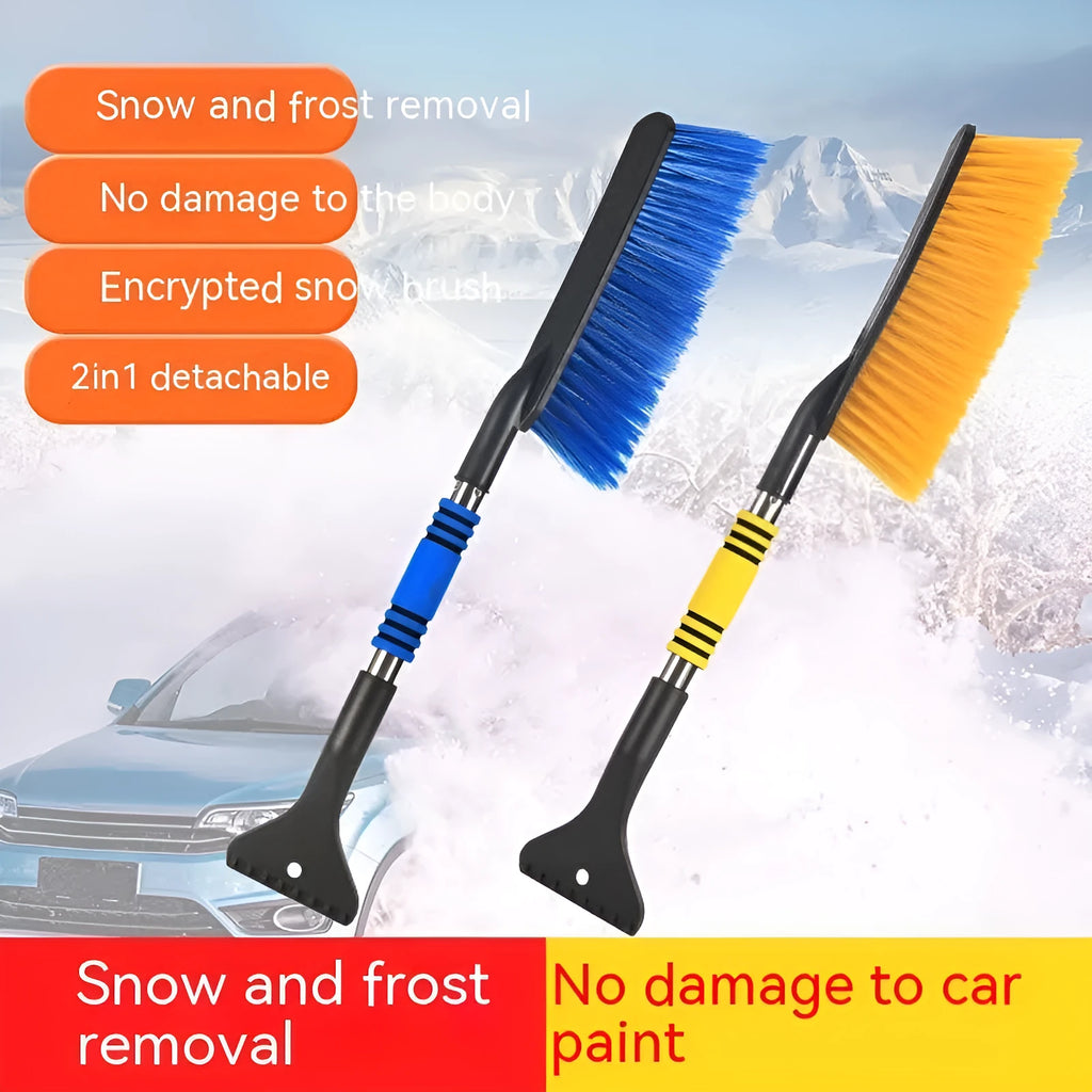 Winter car snow scraper brush with telescopic plastic long handle in blue for windscreen defrosting