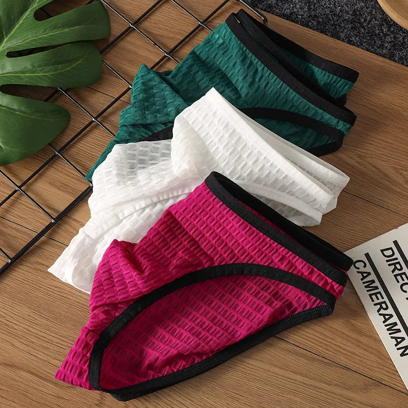 Men's low waist transparent lace underwear in solid colour on size chart