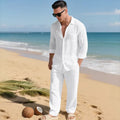 Linen blend long sleeve shirt and full-length trousers two-piece set in khaki, sizes S to XXXXL, casual autumn sport style