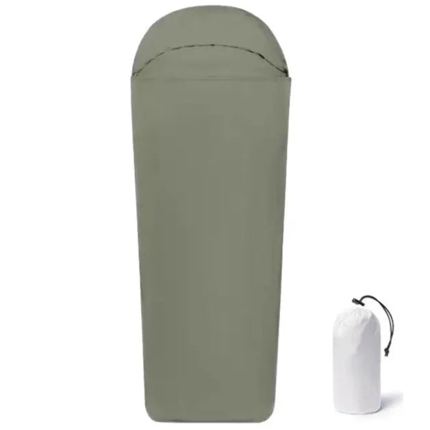 Blue nylon camping sleeping bag with mummy design shown uncompressed to 210cm length