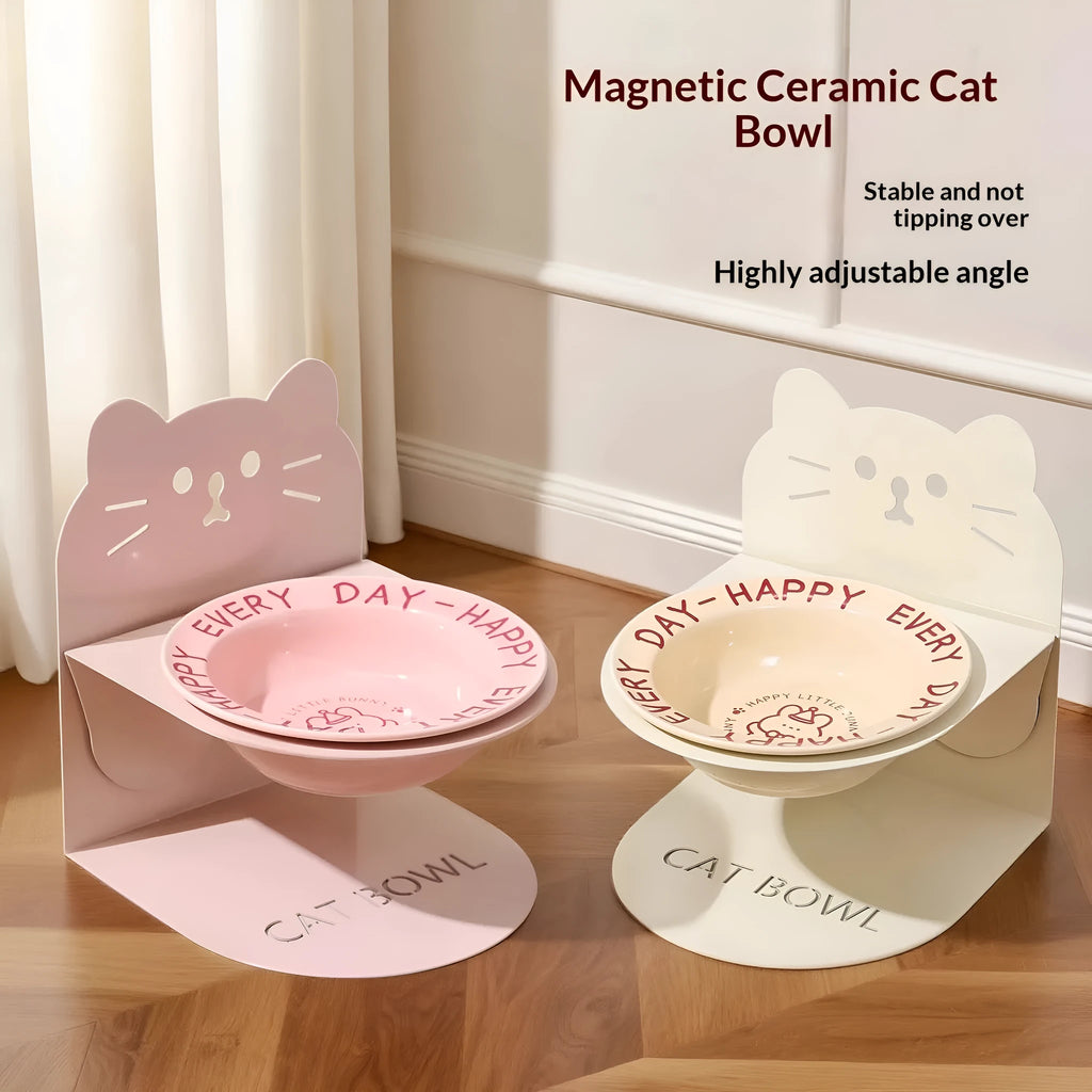 Ceramic cat food bowl with high-legged magnetic stand in beige, pink or yellow for raised cat feeding