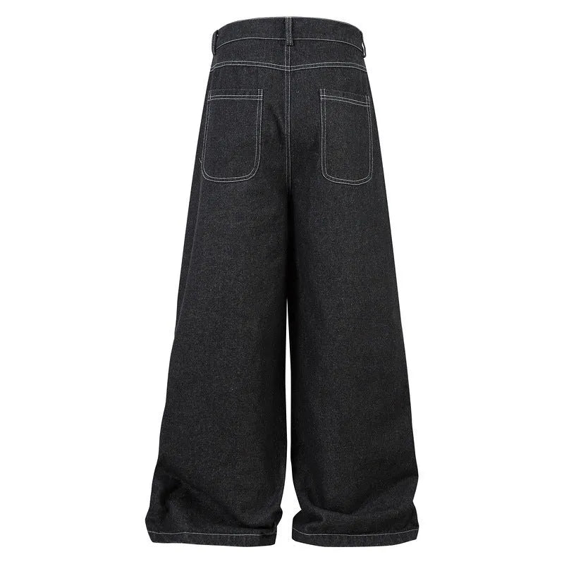 Black multi-pocket pleated workwear jeans with mid-waist fit and trousers length