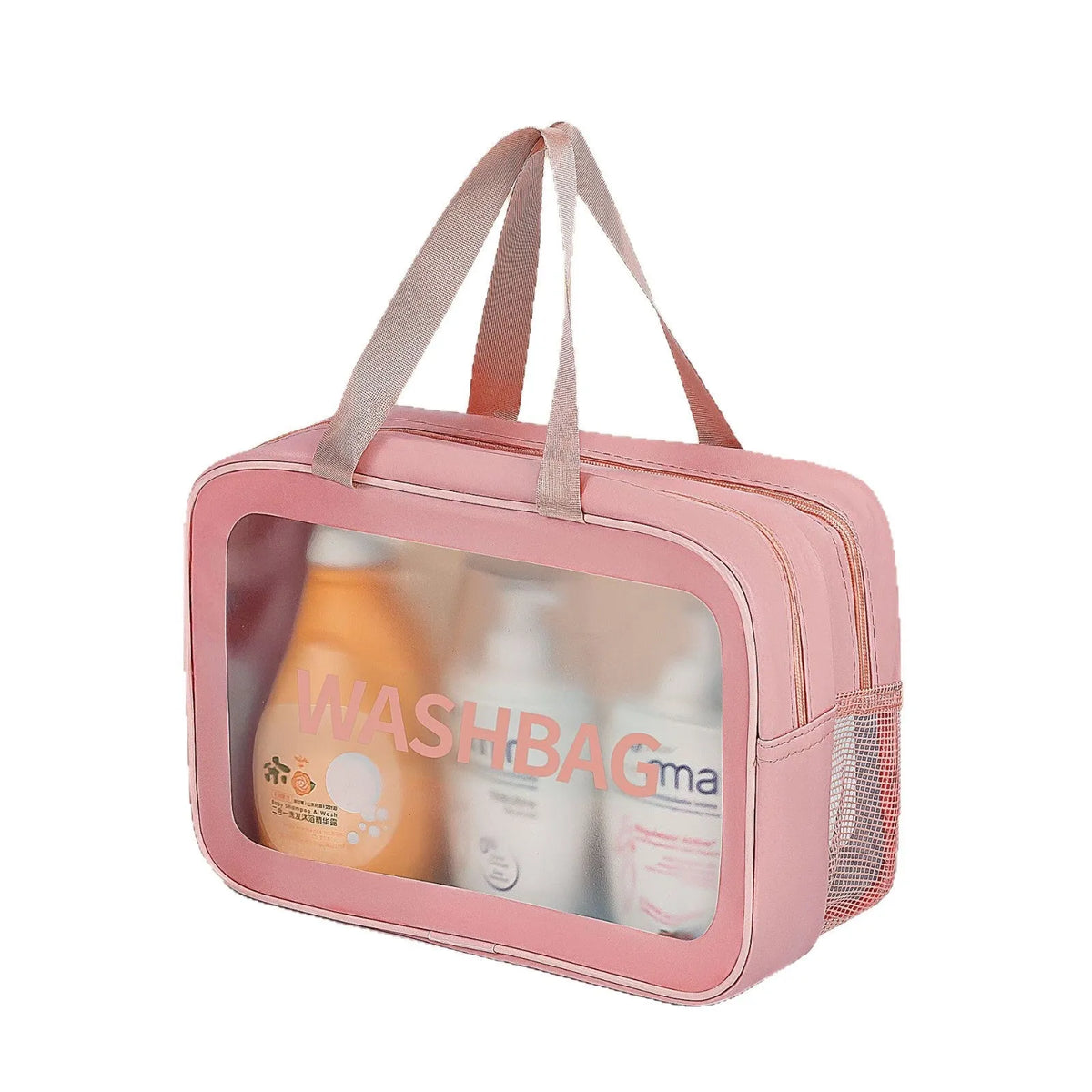 Large PVC transparent cosmetic bag set three pieces in beige, black, blue, pink, and white