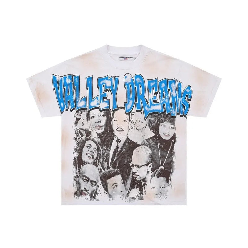 Retro cartoon figure printed short sleeve t-shirt, loose cotton pullover, washed distressed, V523 Black