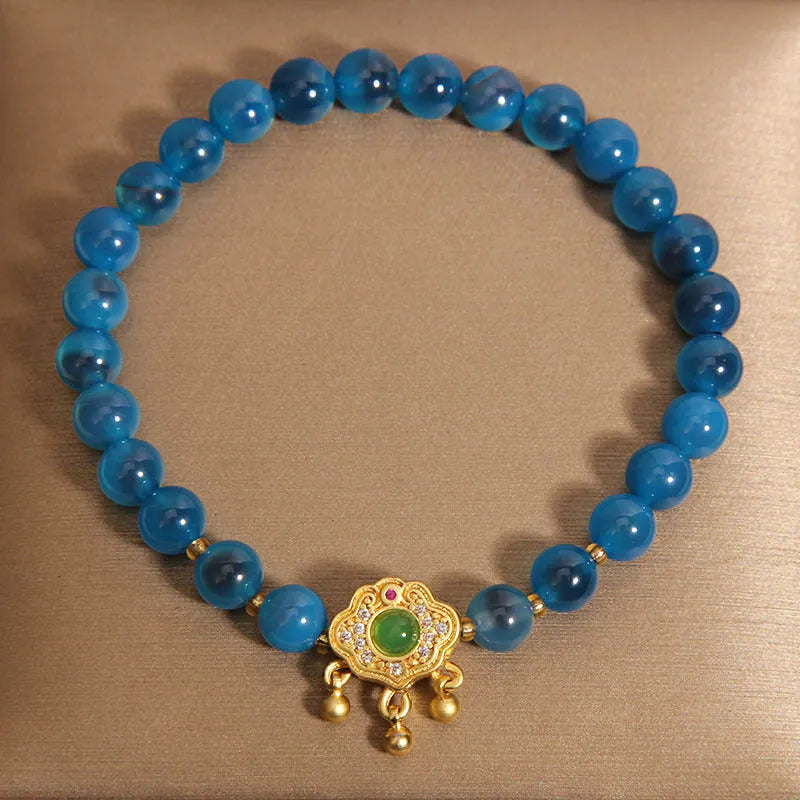 Blue sugar heart agate jade safety lock pendant women's bracelet with rhinestones and alloy inlay