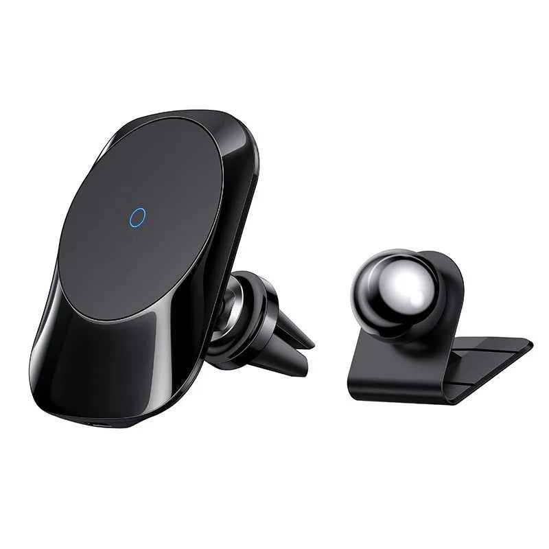 Black and white magnetic car wireless charger with phone mounted, showing air vent and dashboard mounting options