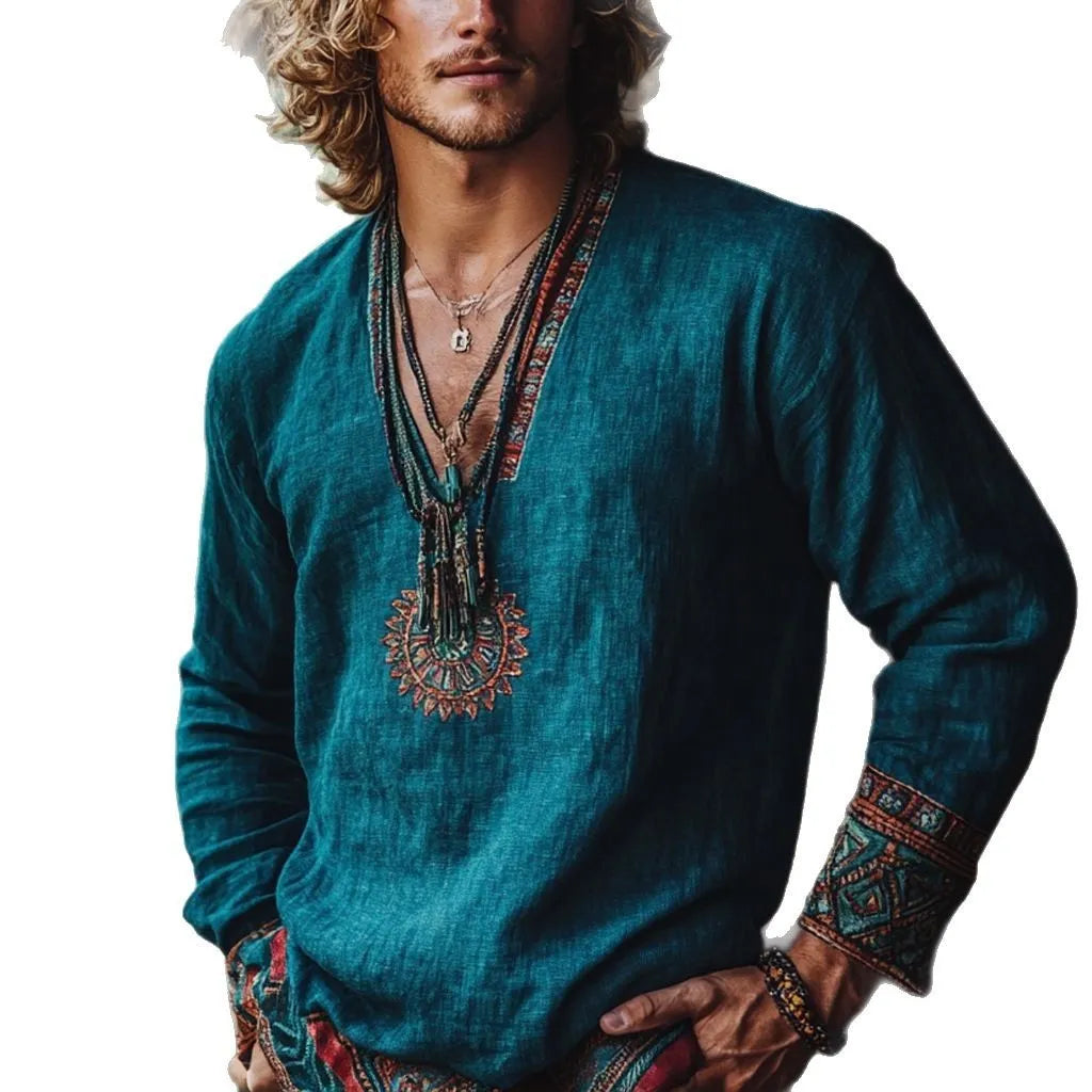 Boho vintage printed long sleeve pullover top in polyester with European retro design