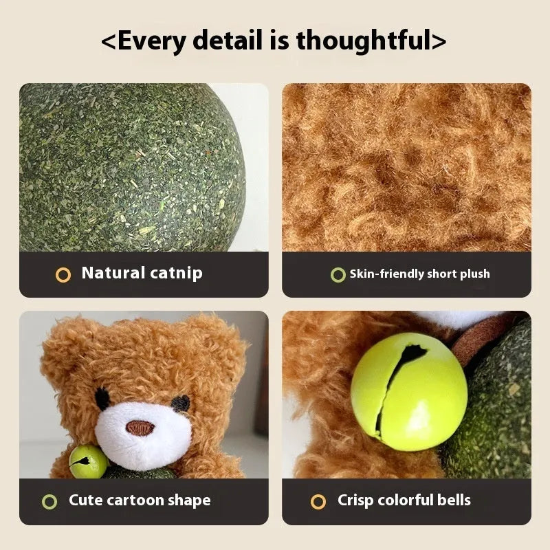 Plush cat toy shaped as a bear, rabbit, frog or bird with a mint ball, measuring 15cm high.