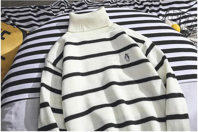 Men's and boys' polyester turtleneck sweater with embroidery, high neck or round neck, white or black, sizes S to XXL