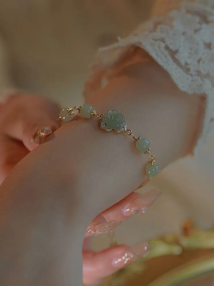Handmade Hetian Jade women's bracelet with 14K gold gilding and floral rose design