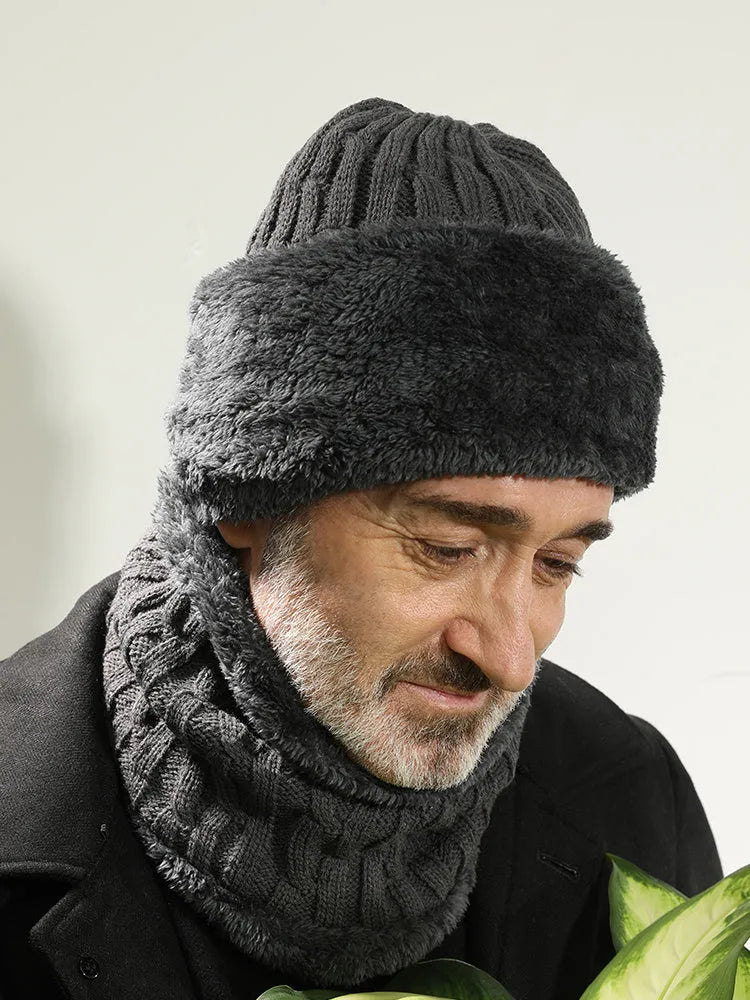Men's winter windproof hemp knitted hat with thick knit and flexible fit on model