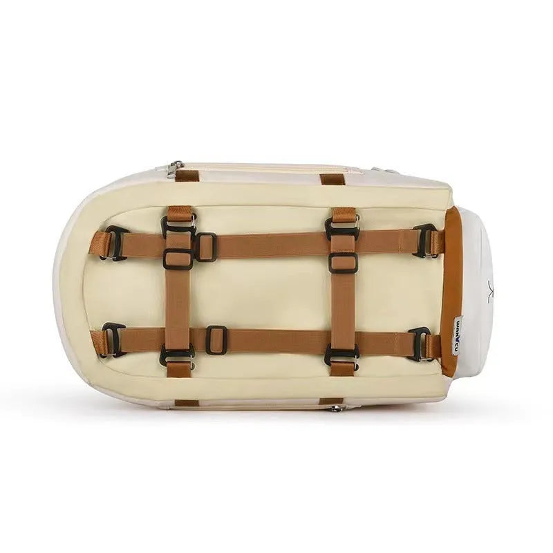 Beige hard-shell pet flight case with one-shoulder carry strap and EPE padded interior