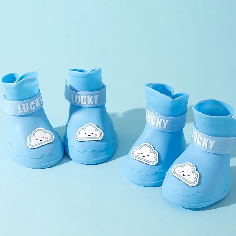 Waterproof anti-slip rubber pet rain boots in blue, green, pink, yellow, 4-pack, sizes L-5XL