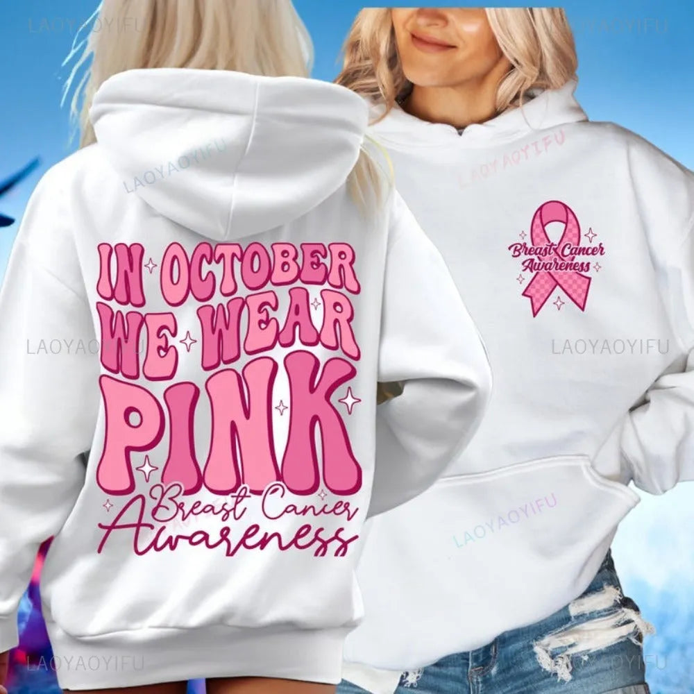 Breast Cancer Awareness pullover hoodie with retro art design and side seam pockets in a choice of colours.