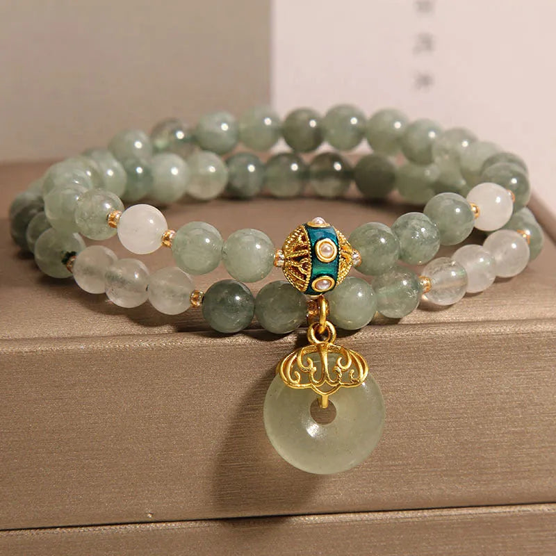 Oil green aventurine jade women's bracelet with double-layer design, crystal, rhinestones, and safety peace buckle