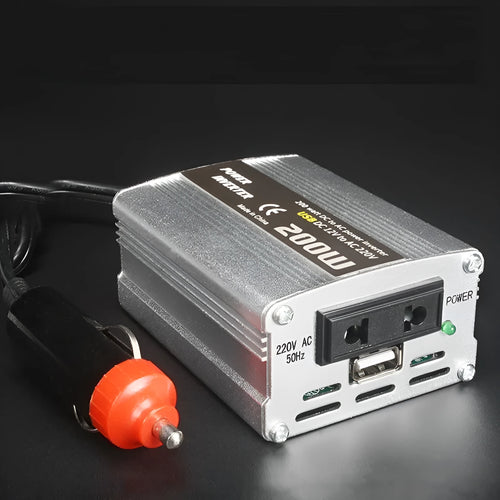 Silver 200W car inverter with USB port, 12V plug, and die-cast aluminium casing