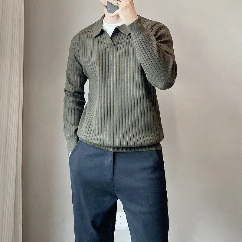 Male model wearing loose fit striped elastic knit sweater in modal and rabbit fur blend fabric