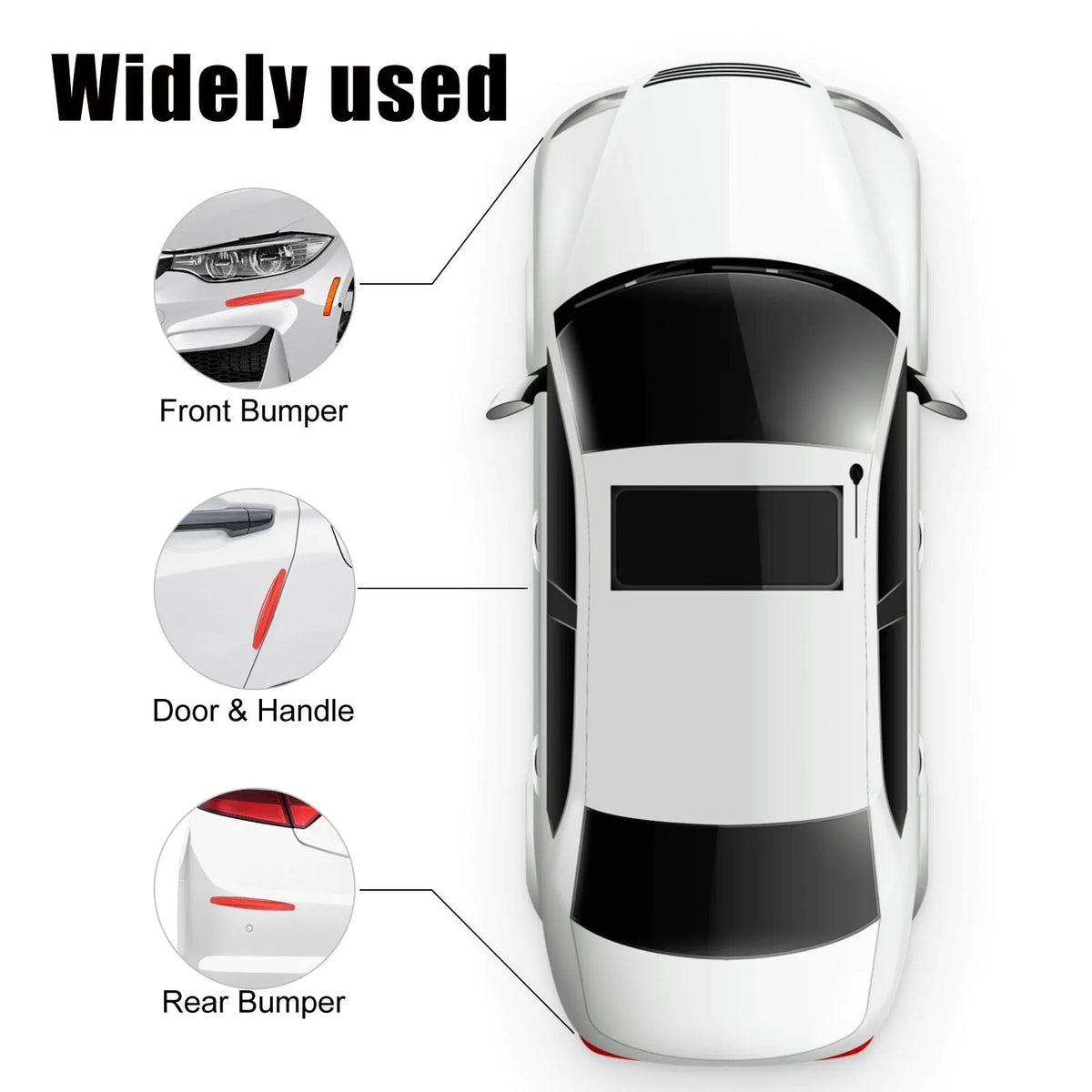 Four car anti-scratch strips, each 13cm x 1.5cm, made from polyvinyl chloride for car body protection.