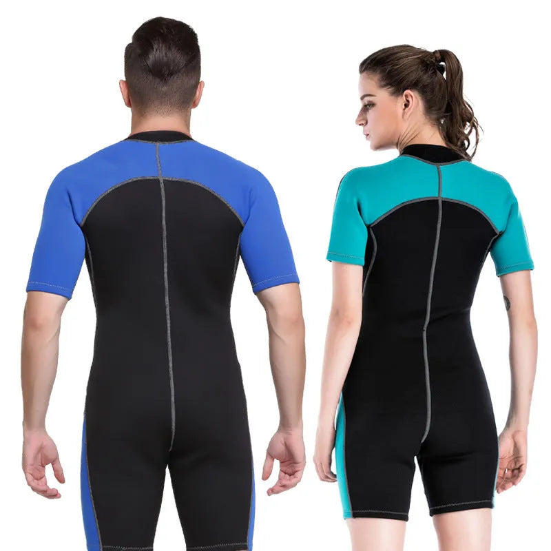 2mm neoprene wetsuit men women short sleeve one-piece back zip Navy Blue Sky Blue