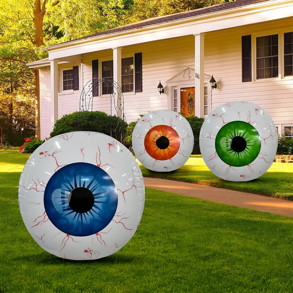 Green Halloween eyeball balloon inflated to 40 cm diameter with a detailed bloodshot pattern.