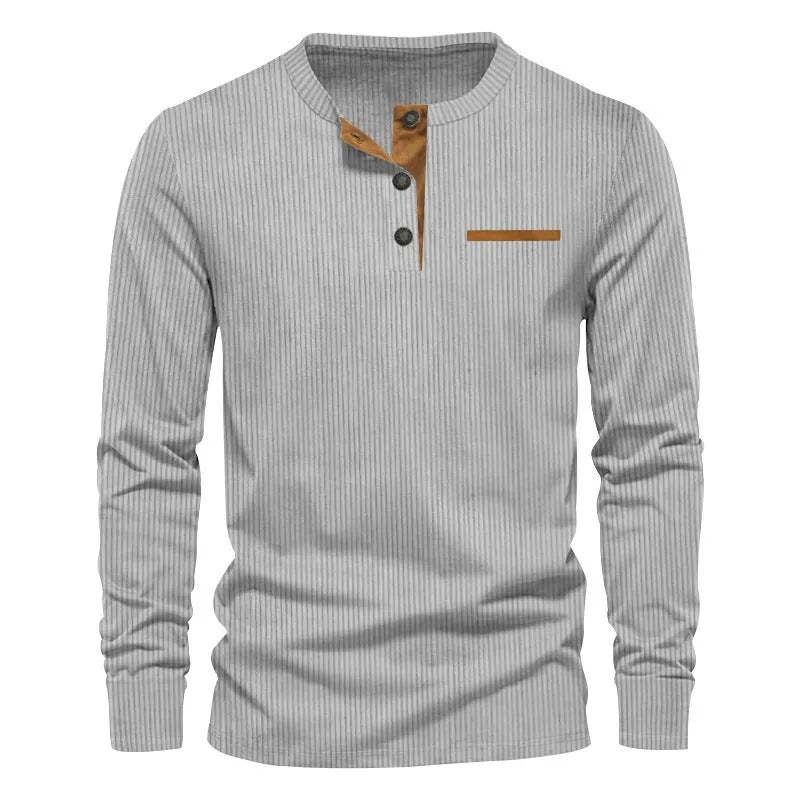 Men's slim fit corduroy henley long sleeve t-shirt in solid colour, available in multiple colours, front view