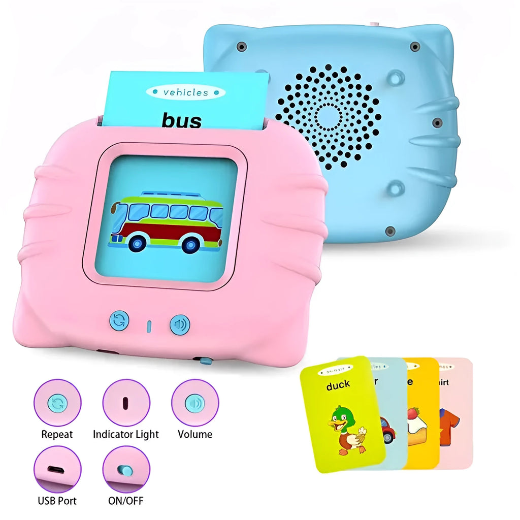 Rechargeable ABS English learning machine with 112 bilingual cards, 107 x 90 x 21mm, for ages 4-6