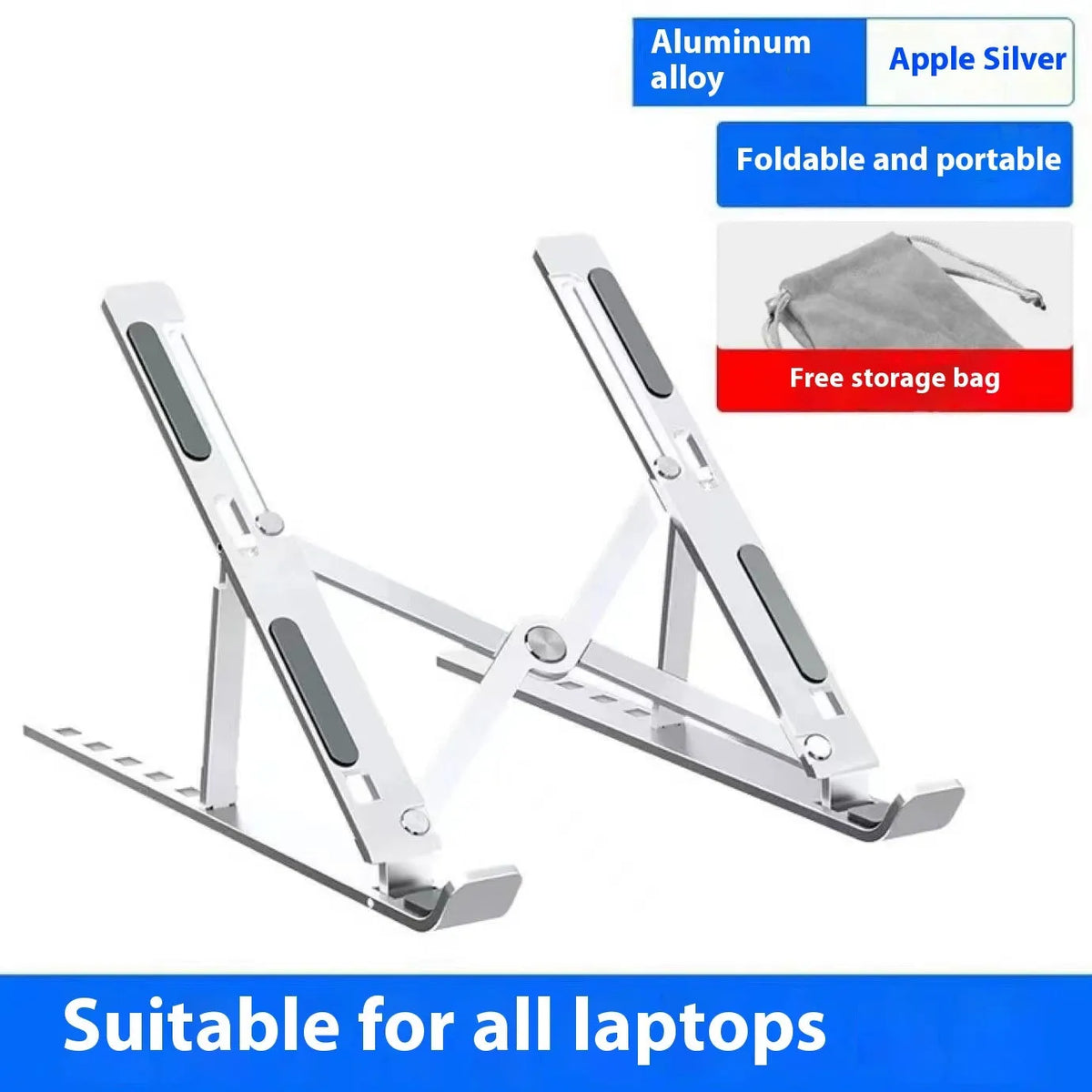 Silver aluminium alloy folding laptop stand holding a notebook, shown next to its cloth storage bag.