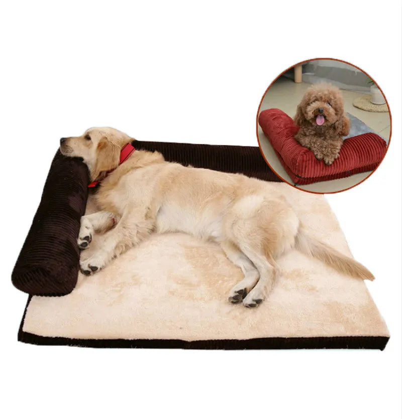 Corduroy pet sofa dog bed with removable cover in coffee colour showing non-slip base