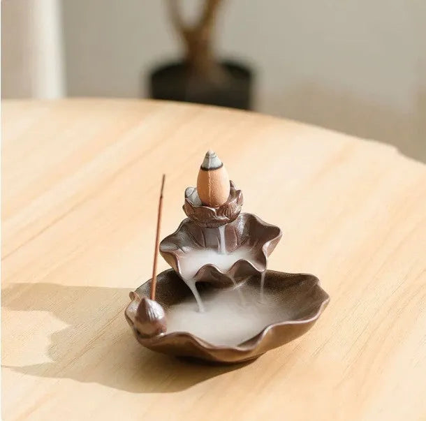 Ceramic reverse flow incense burner with good luck patterns and lotus design in square form
