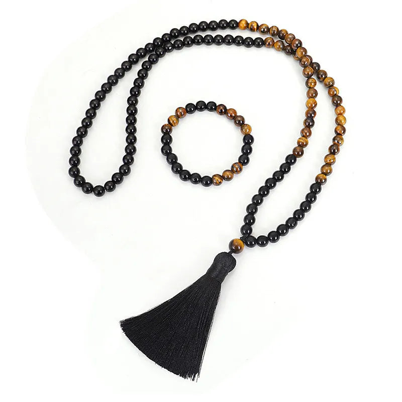 Tiger eye stone tassel sweater chain necklace with drop shape pendant and ball bead chain
