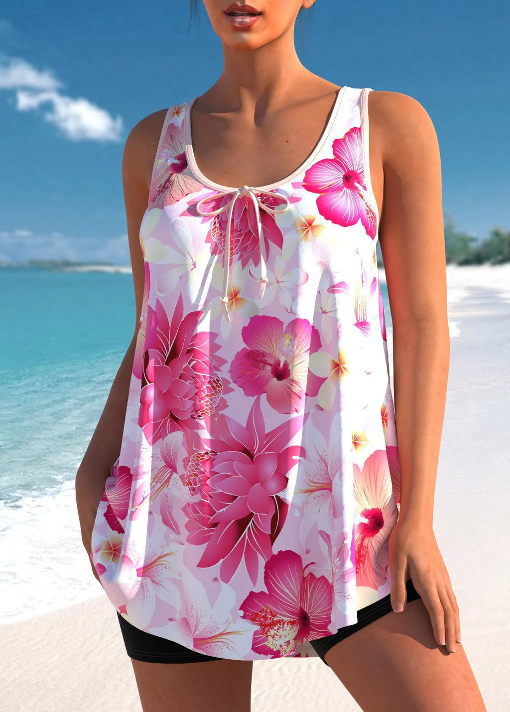 Pink floral printed plus size tankini swimsuit with high-waisted briefs