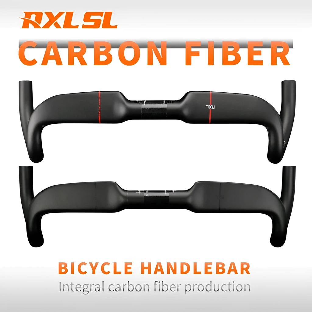 Carbon fibre road bicycle handlebar with double line graphics in black or red, showing 400mm, 420mm, 440mm width options.