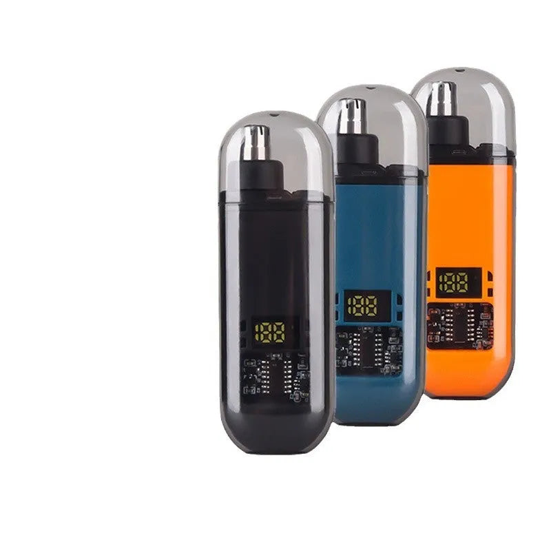 Rechargeable nose hair trimmer with removable cutter head and digital display in black, blue or orange options