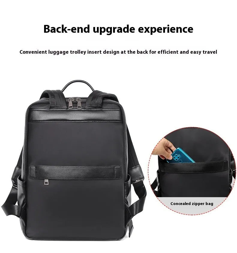 Men's black genuine leather large capacity laptop backpack with weave details.