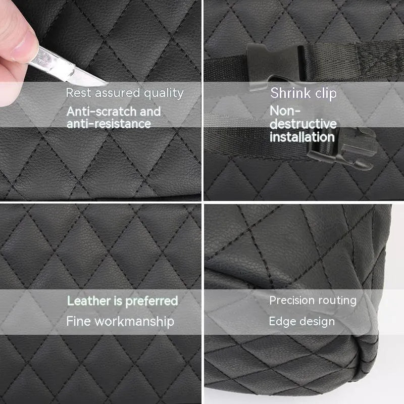 Black leather hanging chair-shaped storage bag for car interior use.