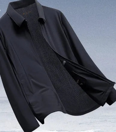 Men's summer lapel business shirt in nylon spandex blend fabric available in navy blue, grey green, and creamy white