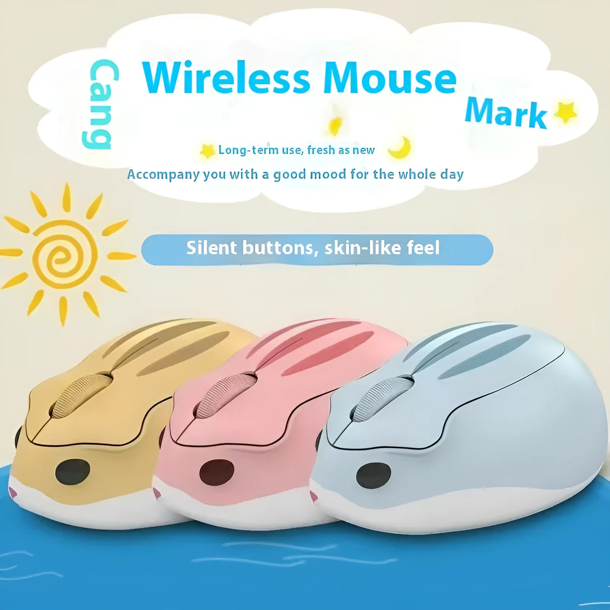 Hamster wireless Bluetooth mute mouse in grey, pink, or yellow colour on a desk.