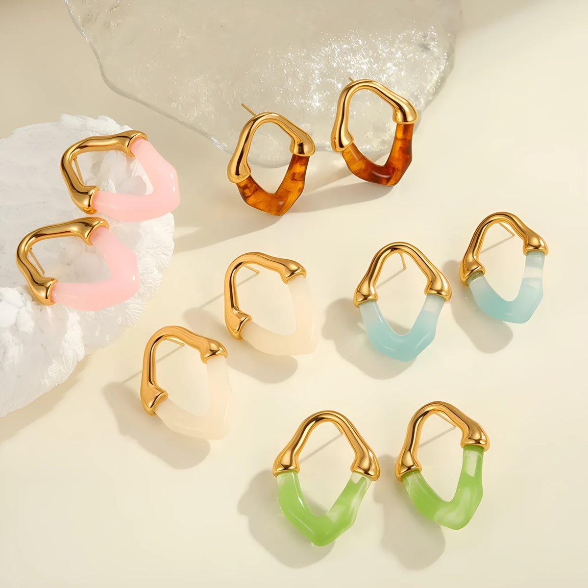 Resin stitching stainless steel earrings with 18K electroplated finish in pink, blue, green, white, and coffee colours