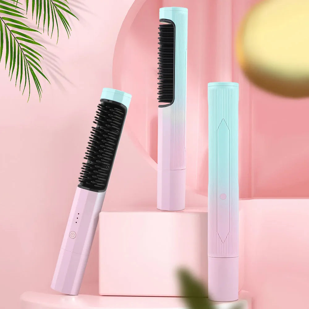 Cordless straightening comb in pink or purple, rechargeable hair brush with anti-scald comb and USB cable, 23cm long