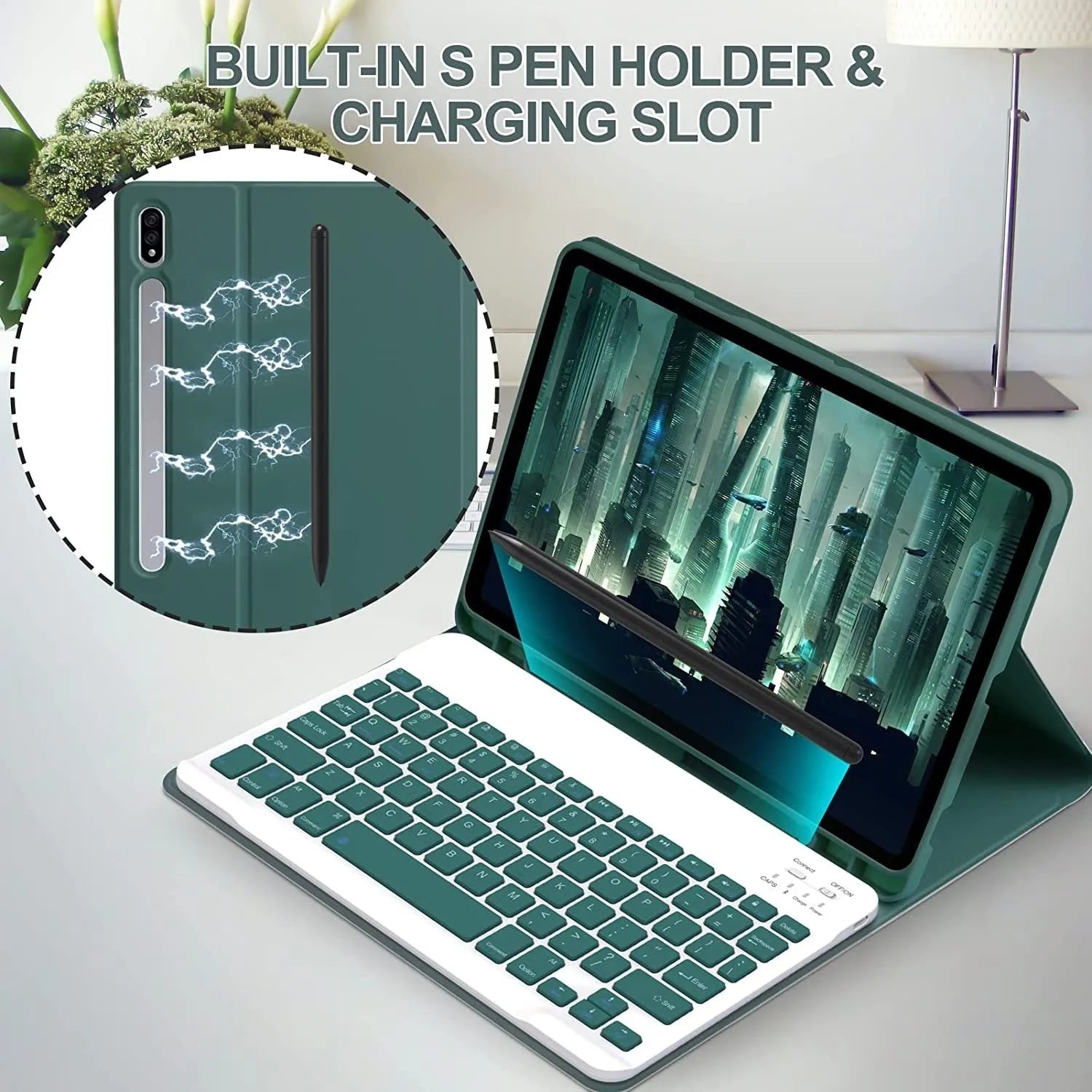 Samsung Galaxy tablet in a matte TPU protective case with a detached Bluetooth keyboard and charging mouse