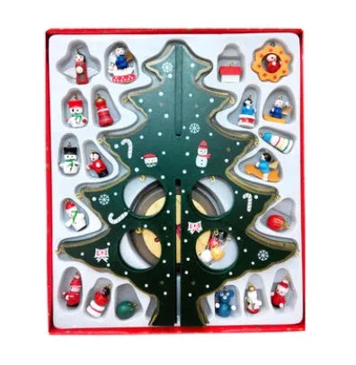 Hand-painted wooden Christmas tree decoration in red and green colours for desktop display